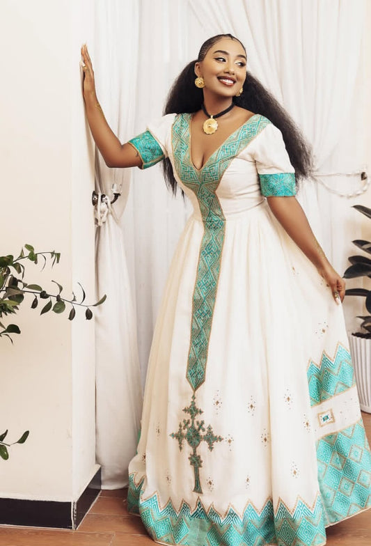 Dazzling White & Turquoise Wedding Modern Habesha Dress