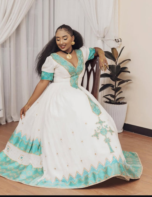 Dazzling White & Turquoise Wedding Modern Habesha Dress