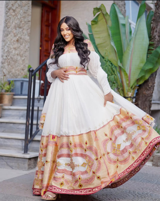 Habesha Kemis with Pink, Orange & Gold Embroidery - White Ethiopian Wedding Dress
