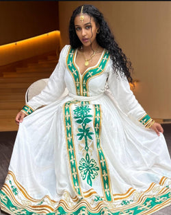 Verdant Green & Gold Classic Habesha Kemis with Deep V-Neck Bezawit