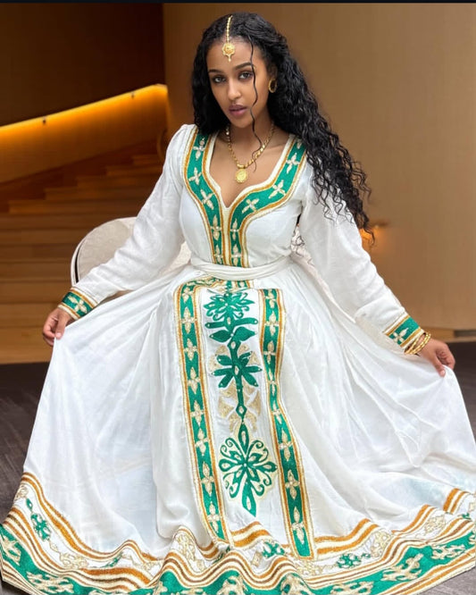 Verdant Green & Gold Classic Habesha Kemis with Deep V-Neck