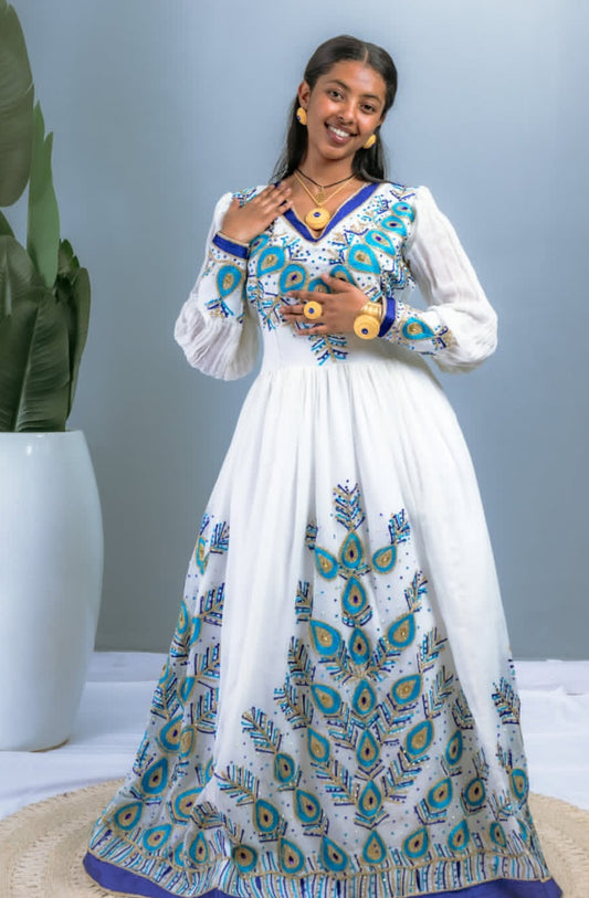 Artistic White & Royal Blue Ethiopian Dress with Peacock Feather Motifs