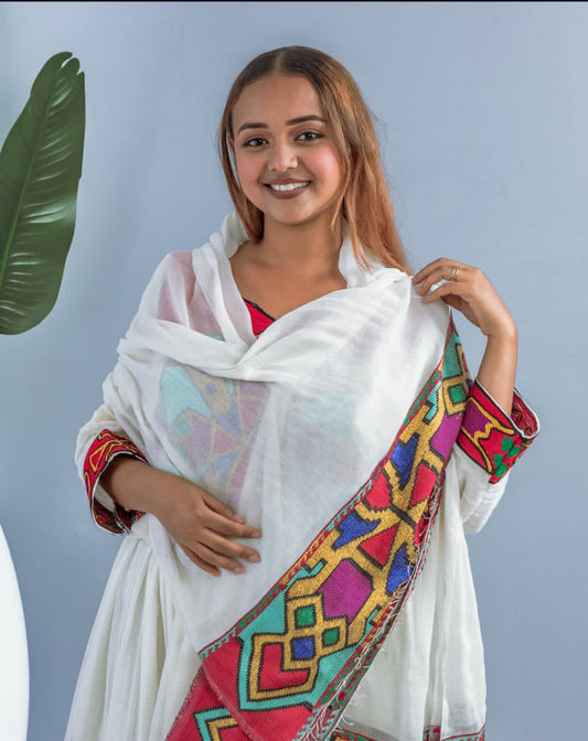 Vibrant Multicolor Ethiopian Habesha Dress – Artistic Cultural Gown with Netela Bezawit