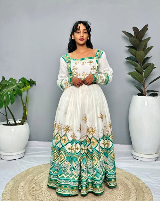 Green & Gold Accented Dress with Shawl - White Ethiopian Habesha Kemis