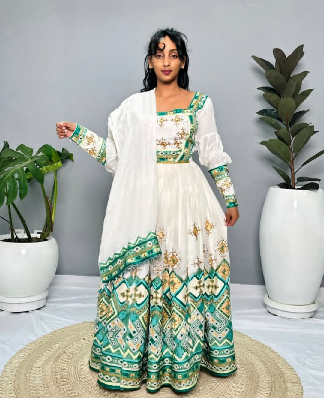 Green & Gold Accented Dress with Shawl - White Ethiopian Habesha Kemis Bezawit
