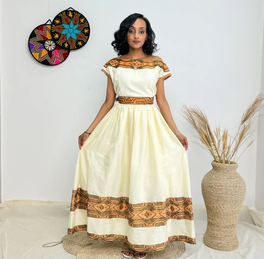 Beige Traditional Habesha Dress – Ethiopian Cultural Outfit with Earth-Tone Embroidery