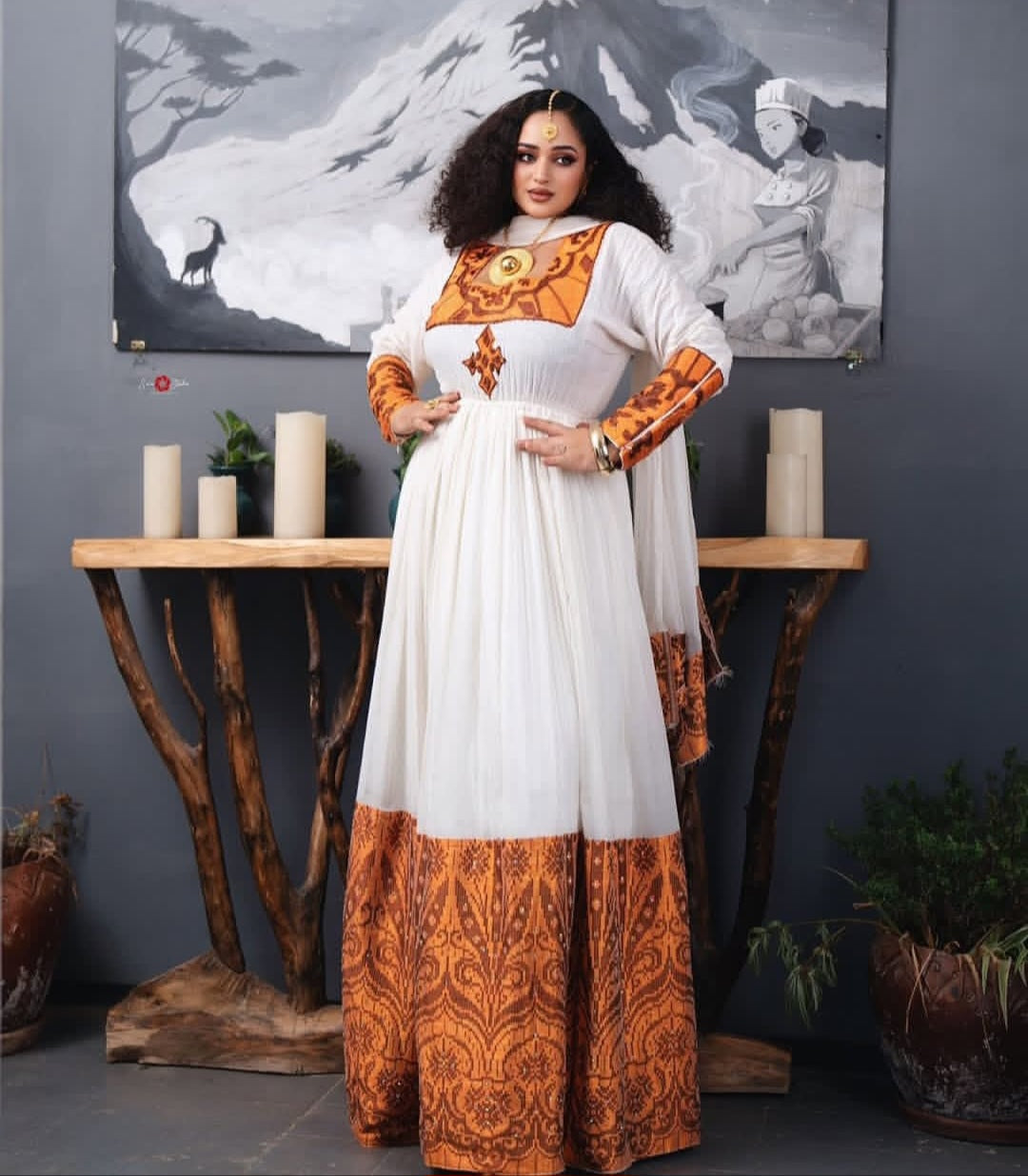 Warm White & Orange Traditional Ethiopian Fashion Dress Bezawit