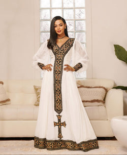 Elegant White & Black Gold Beautiful Habesha Kemis with V-Neck Bezawit