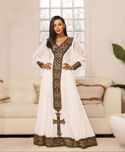 Elegant White & Black Gold Beautiful Habesha Kemis with V-Neck Bezawit