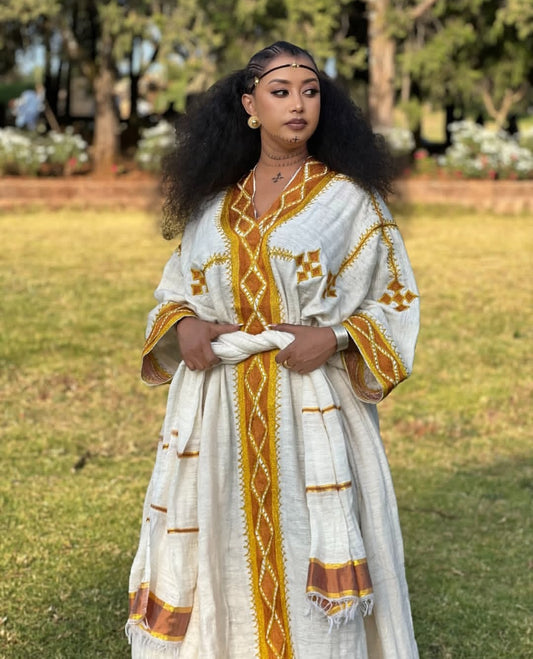 Daring Short Ivory & Copper Gold Modern Habesha Dress with Gonder Fetel Inspiration