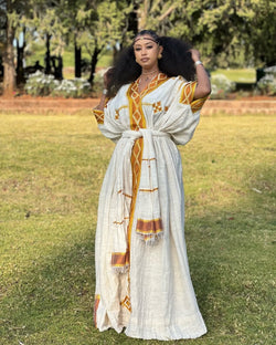 Daring Short Ivory & Copper Gold Modern Habesha Dress with Gonder Fetel Inspiration Bezawit