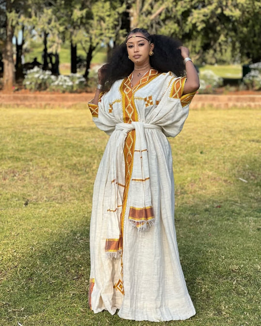Daring Short Ivory & Copper Gold Modern Habesha Dress with Gonder Fetel Inspiration