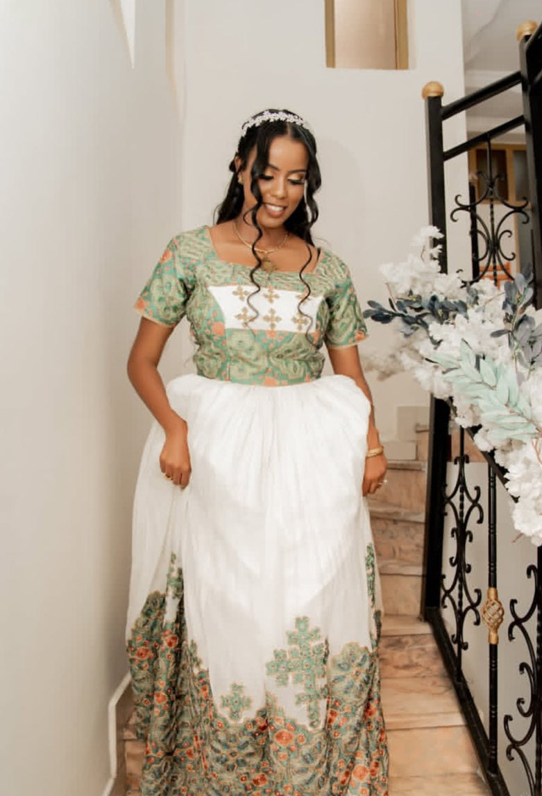 Verdant Green & White Two Piece Habesha Dress with Floral Motifs Bezawit
