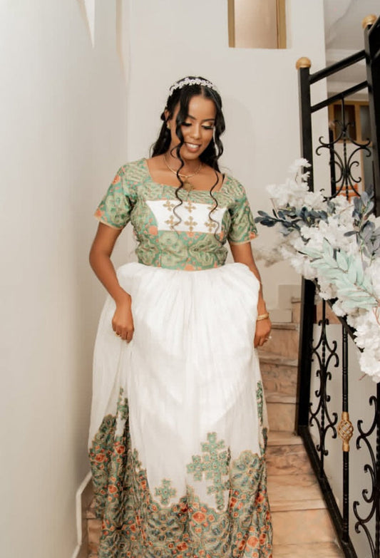 Verdant Green & White Two Piece Habesha Dress with Floral Motifs Bezawit