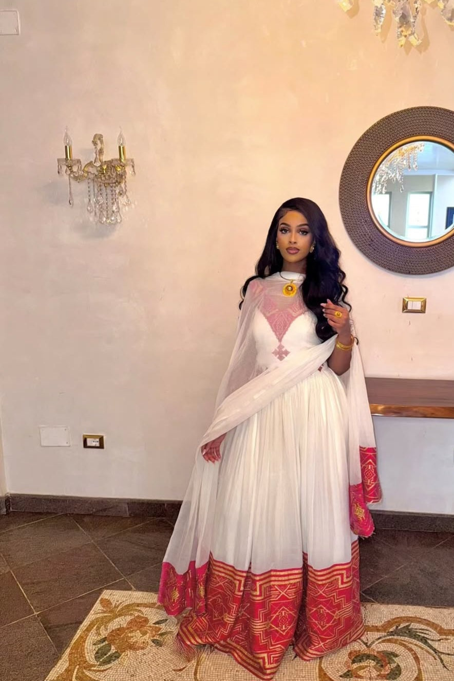 Off-Shoulder White & Crimson Red Wedding Guest Ethiopian Traditional Dress Bezawit