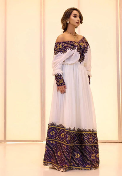 Regal White & Deep Purple Off Shoulder Habesha Kemis with Gold Accents Bezawit