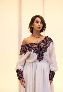 Regal White & Deep Purple Off Shoulder Habesha Kemis with Gold Accents Bezawit