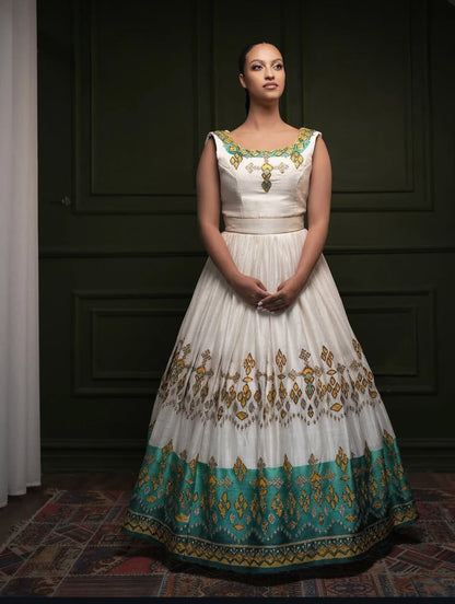 Ivory & Teal green Modern Ethiopian Dress with Abstract Motifs Bezawit