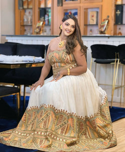 Golden & White Strapless wedding Habesha Dress Design Bezawit