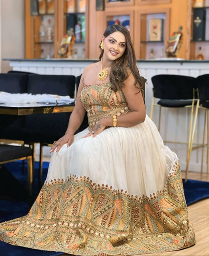 Golden & White Strapless wedding Habesha Dress Design Bezawit