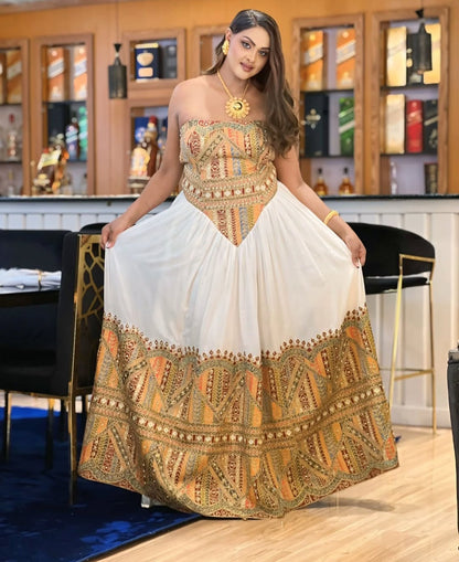 Golden & White Strapless wedding Habesha Dress Design Bezawit