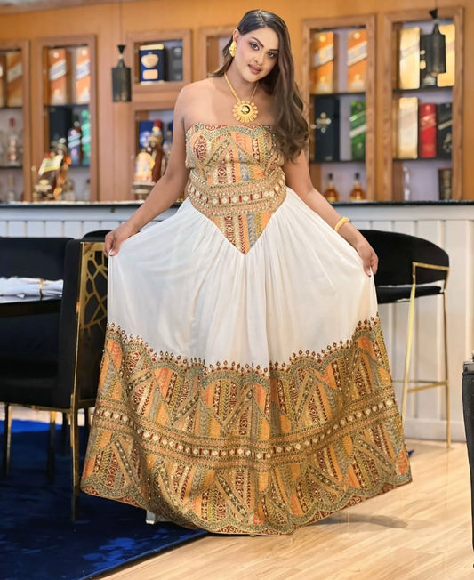 Golden & White Strapless wedding Habesha Dress Design
