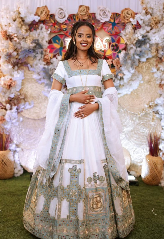 Serene White & Pale Teal wedding Dress with Delicate Embroidery