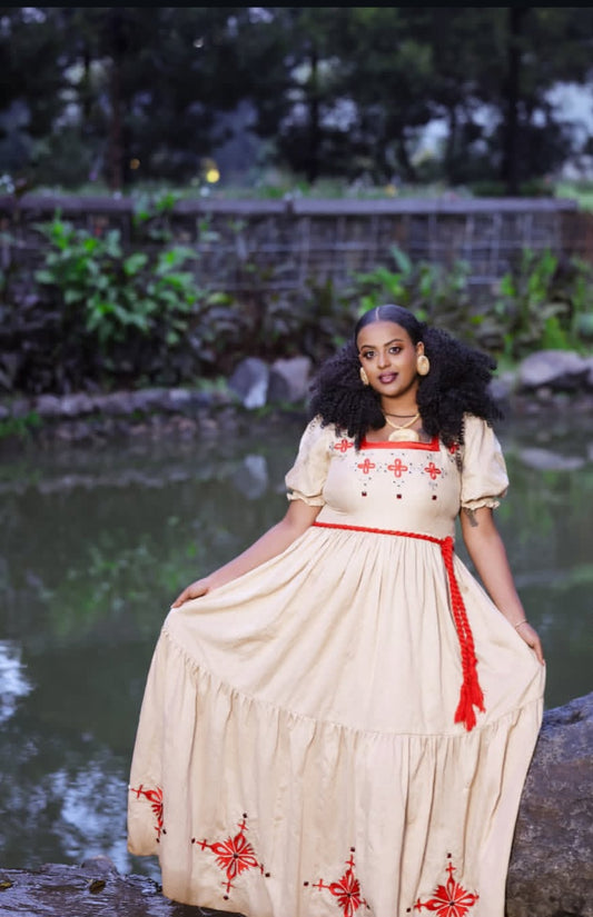 Beige & Crimson Red Habesha Dress with Front Embroidery