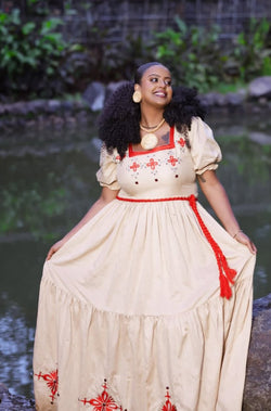 Beige & Crimson Red Habesha Dress with Front Embroidery Bezawit