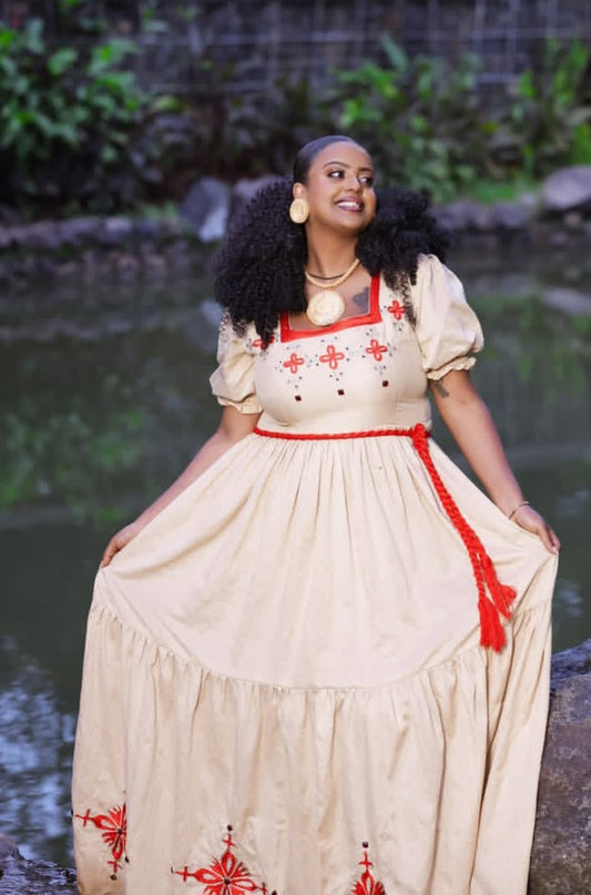 Beige & Crimson Red Habesha Dress with Front Embroidery