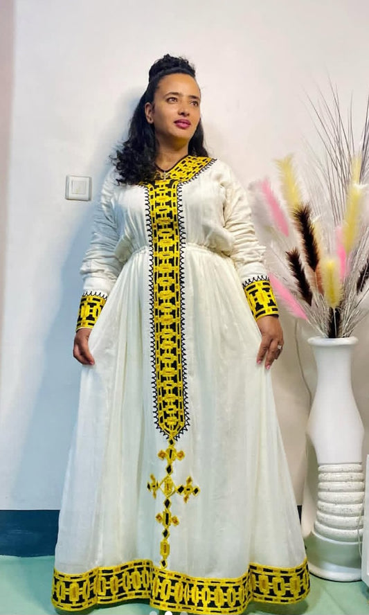 Striking White & Bright Yellow New Ethiopian Traditional Dress