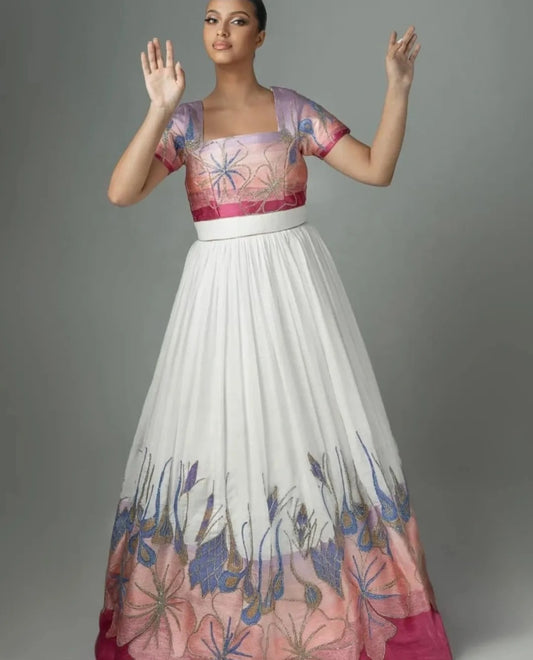 Artistic White & Multi-Color Floral Modern Habesha Dress (Two-Piece Style)