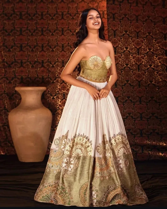 Luxurious Ivory & Antique Gold Strapless Habesha Dress Gown
