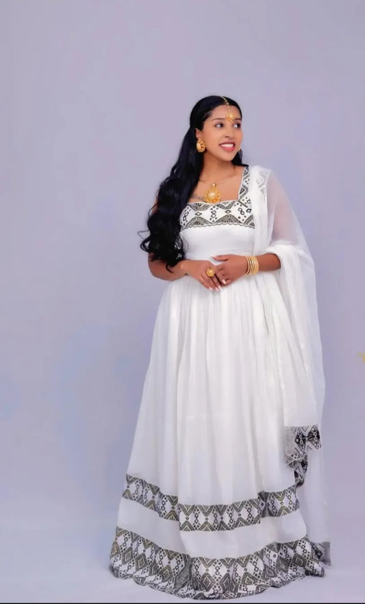 Geometric Habesha Kemis with Sheer Shawl -  Classic White & grey