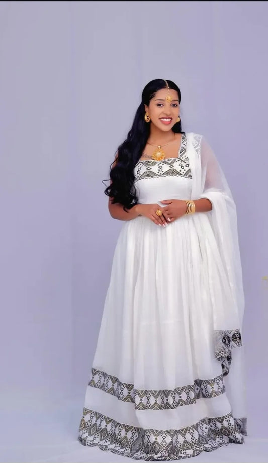 Geometric Habesha Kemis with Sheer Shawl -  Classic White & grey