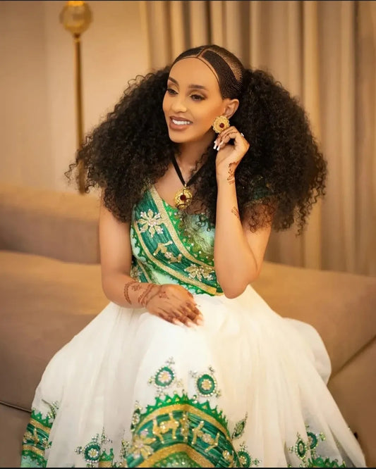 stunning Green & Gold Two-Piece Habesha Dress with Elaborate Embroidery