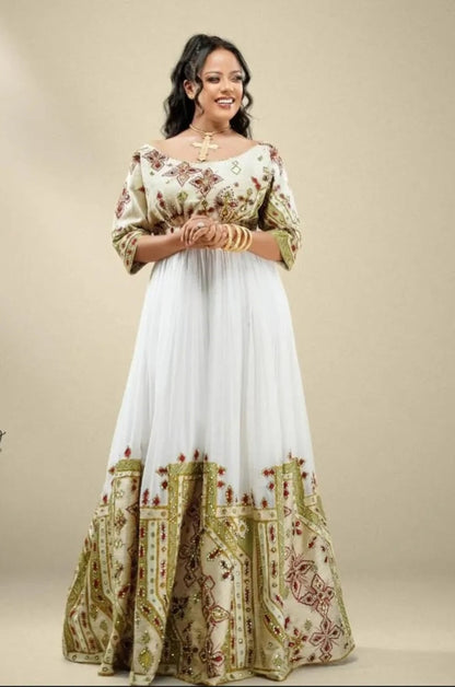 Sophisticated Cream & Multi-Color Habesha Clothing Design with Boat Neck Bezawit