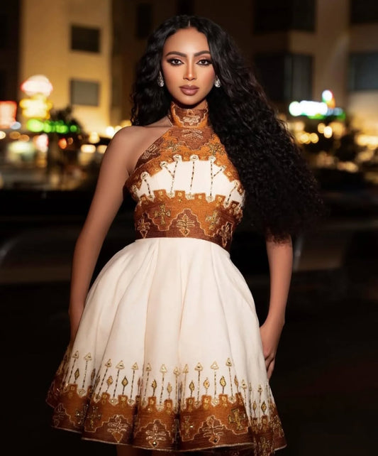Daring Short White & Copper Gold Ethiopian Dress with High Neck