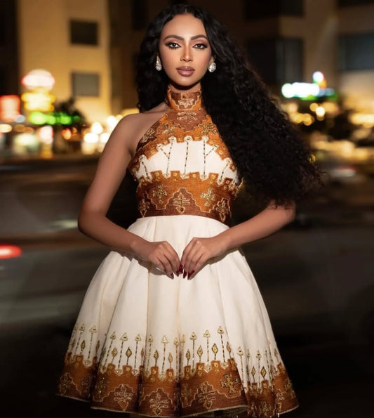 Daring Short White & Copper Gold Ethiopian Dress with High Neck