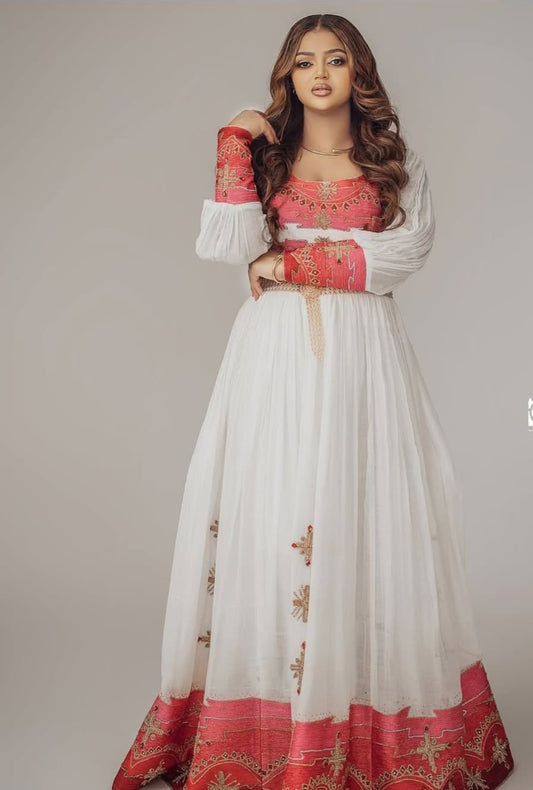 Regal White & Deep Red Traditional Ethiopian Dress with Gold Accents