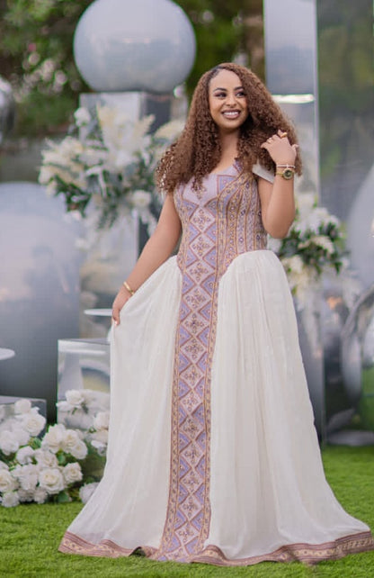 Regal Ivory & Lavender Cultural Dress for Birthday celebration with Detailed Embroidery