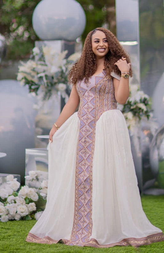 Regal Ivory & Lavender Cultural Dress for Birthday celebration with Detailed Embroidery