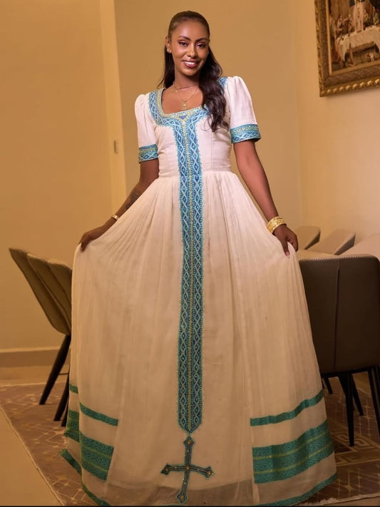 Serene White & Teal Blue Traditional Ethiopian Dress with Cross Motif