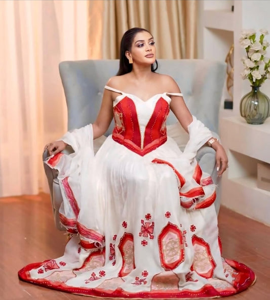 Dazzling White & Scarlet Red Modern Habesha Dress for Gala Evenings