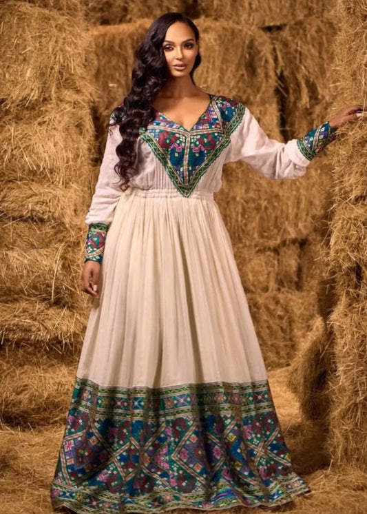 Natural Cream & Multi-Color Modern Ethiopian Dress with V-Neck