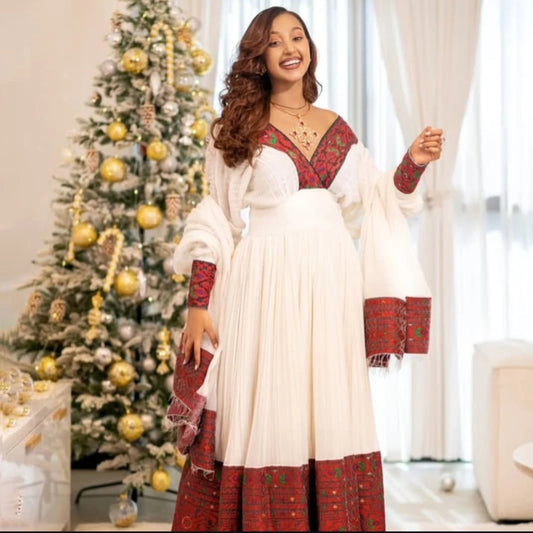 Cheerful White & Bright Red Traditional Habesha Kemis with Matching Scarf