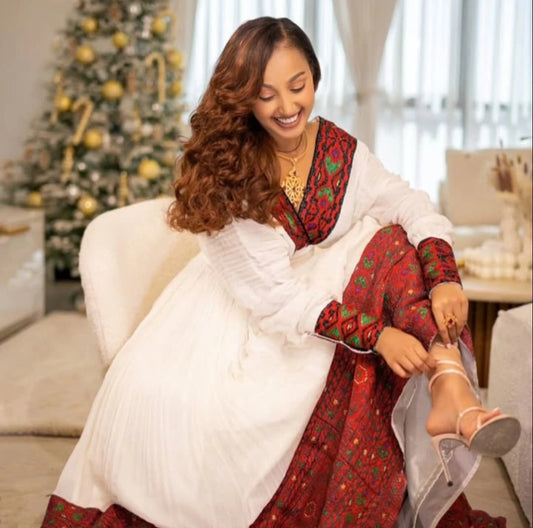 Cheerful White & Bright Red Traditional Habesha Kemis with Matching Scarf