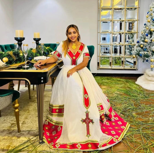 Elegant White & Gold-Trimmed Red Cultural Dress for Weddings with Cross Detail