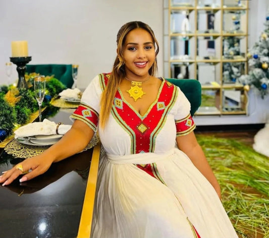 Elegant White & Gold-Trimmed Red Cultural Dress for Weddings with Cross Detail