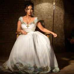 Serene Ivory & Sage Green Handmade Habesha Dress with Siliver Accents Bezawit